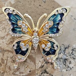 Butterfly Brooch Pin Enamel Rhinestones Crystals Gold Tone